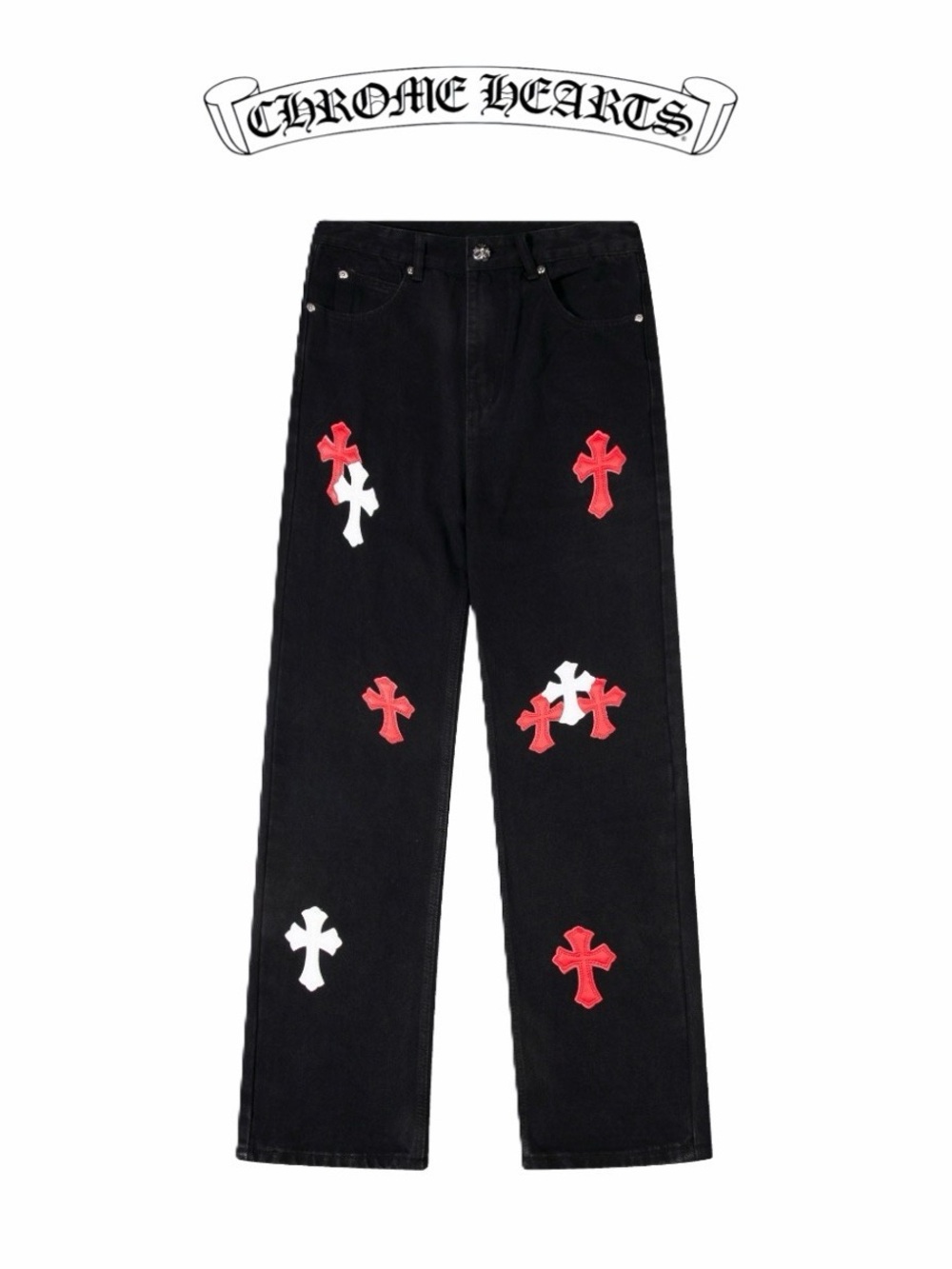 Chrome Hearts Black Straight-Leg Jeans with Red & White Cross Appliqués
